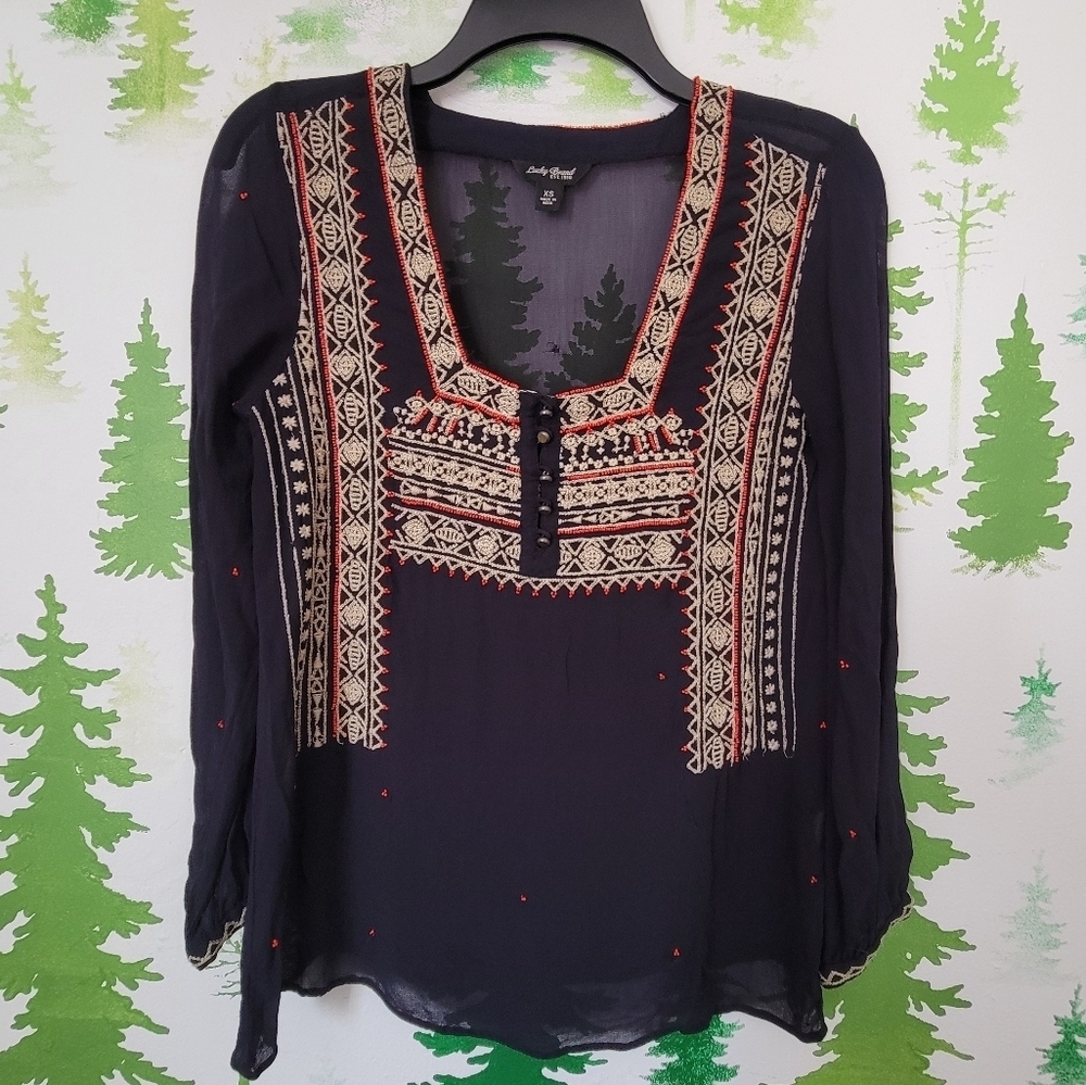 Lucky Brand Sheer Embroidered Top.